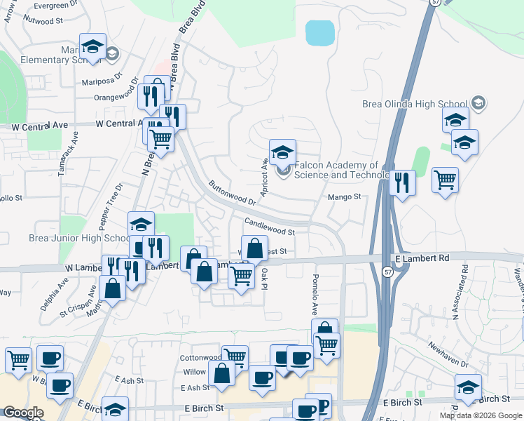 map of restaurants, bars, coffee shops, grocery stores, and more near 516 Buttonwood Drive in Brea