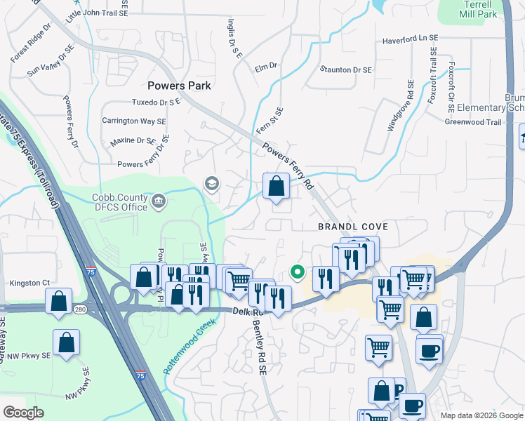map of restaurants, bars, coffee shops, grocery stores, and more near 1102 Willow Field Drive in Marietta