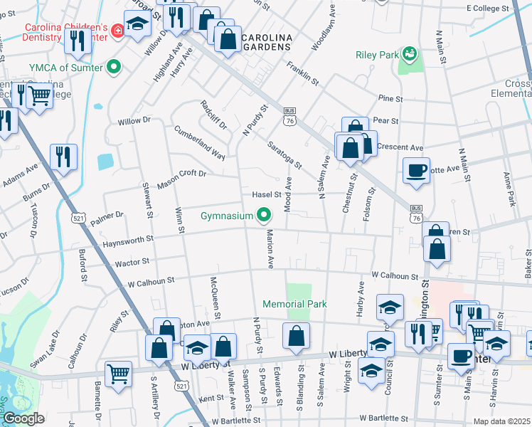 map of restaurants, bars, coffee shops, grocery stores, and more near 14 Mood Avenue in Sumter