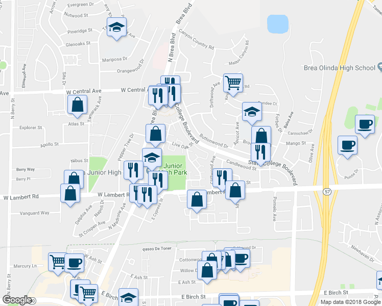 map of restaurants, bars, coffee shops, grocery stores, and more near 306 Calico Court in Brea