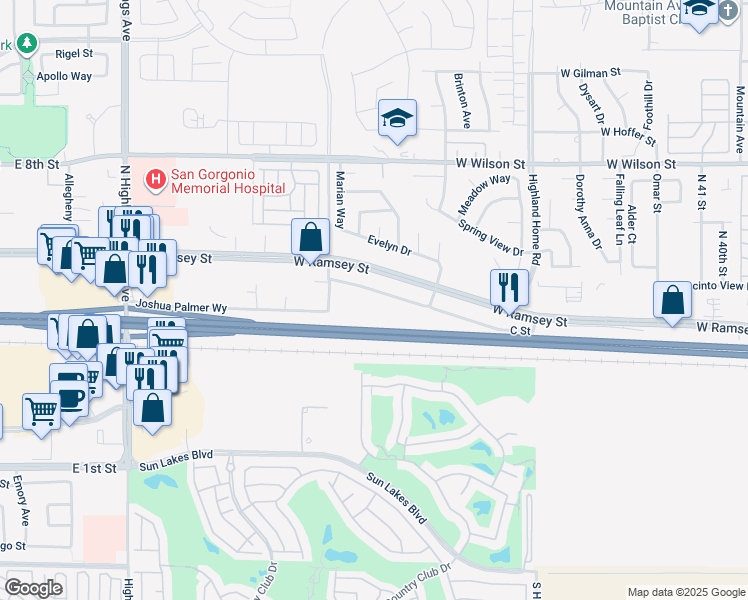 map of restaurants, bars, coffee shops, grocery stores, and more near 5388 C Street in Banning