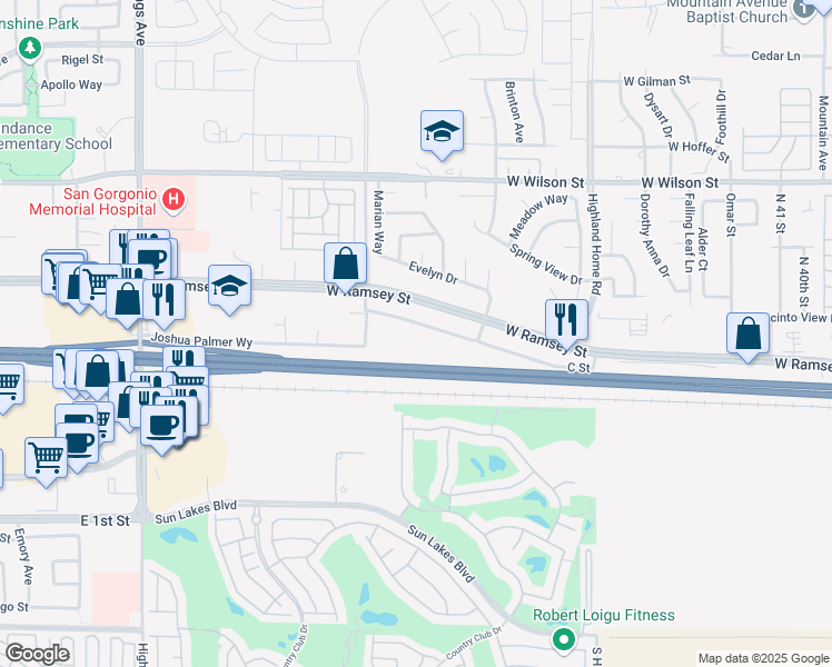 map of restaurants, bars, coffee shops, grocery stores, and more near 5388 C Street in Banning