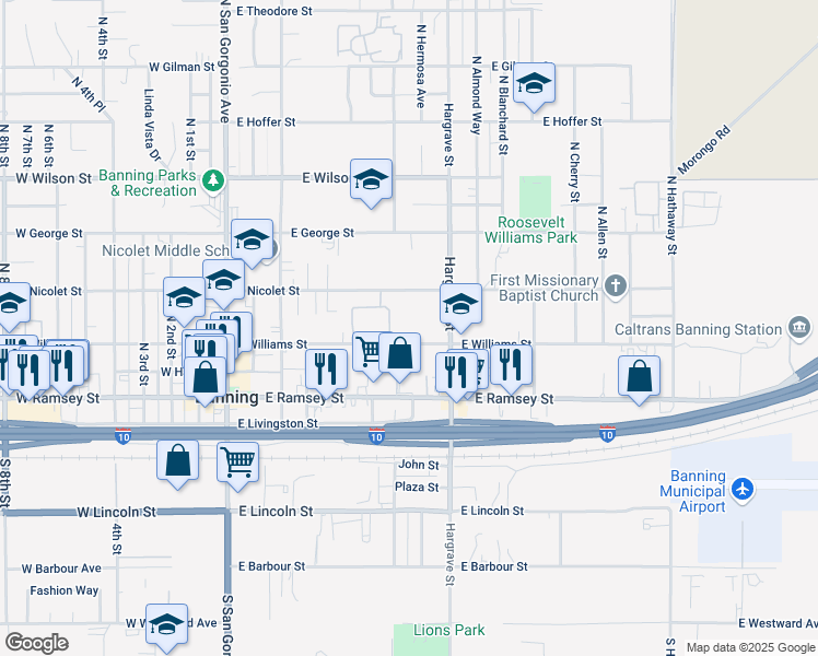map of restaurants, bars, coffee shops, grocery stores, and more near 720 East Williams Street in Banning