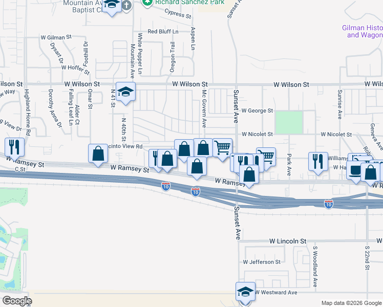 map of restaurants, bars, coffee shops, grocery stores, and more near 3559 West Ramsey Street in Banning