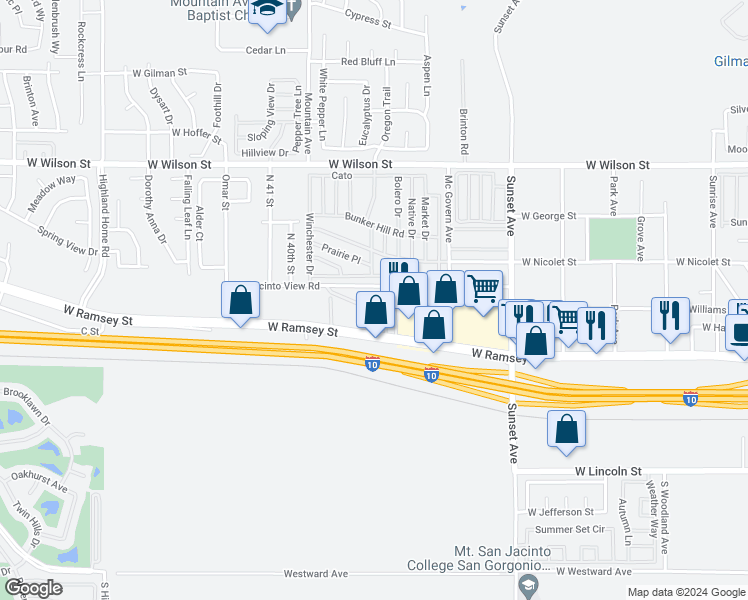 map of restaurants, bars, coffee shops, grocery stores, and more near 3739 West Ramsey Street in Banning