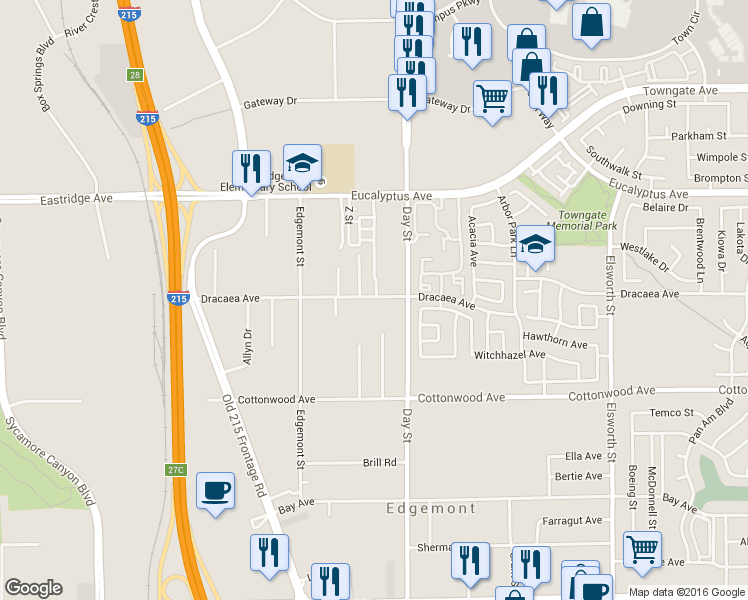 map of restaurants, bars, coffee shops, grocery stores, and more near 13321 Hildegarde Street in Moreno Valley