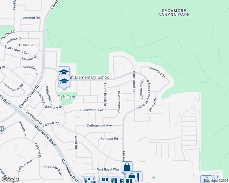 map of restaurants, bars, coffee shops, grocery stores, and more near 6815 Shadowood Street in Riverside