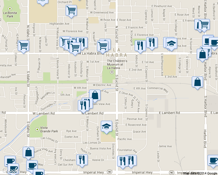 map of restaurants, bars, coffee shops, grocery stores, and more near 218 West Olive Avenue in La Habra