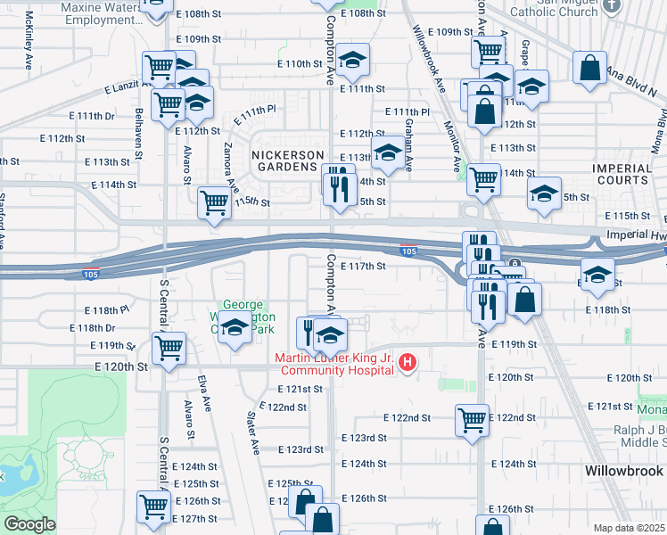 map of restaurants, bars, coffee shops, grocery stores, and more near 11725 Compton Avenue in Los Angeles