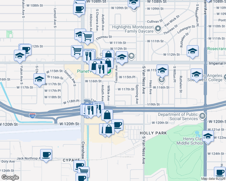 map of restaurants, bars, coffee shops, grocery stores, and more near 2524 West 118th Street in Hawthorne