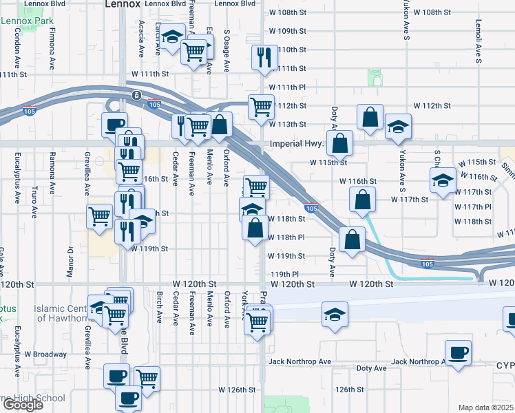 map of restaurants, bars, coffee shops, grocery stores, and more near in Hawthorne