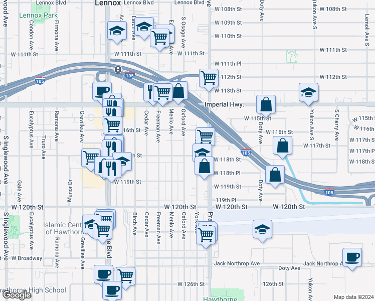 map of restaurants, bars, coffee shops, grocery stores, and more near 11818 Oxford Avenue in Hawthorne