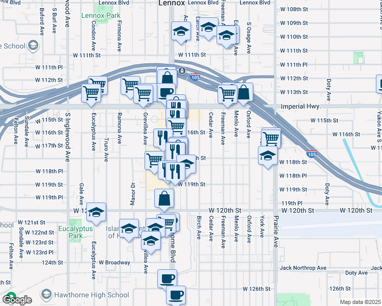 map of restaurants, bars, coffee shops, grocery stores, and more near 11813 Acacia Avenue in Hawthorne