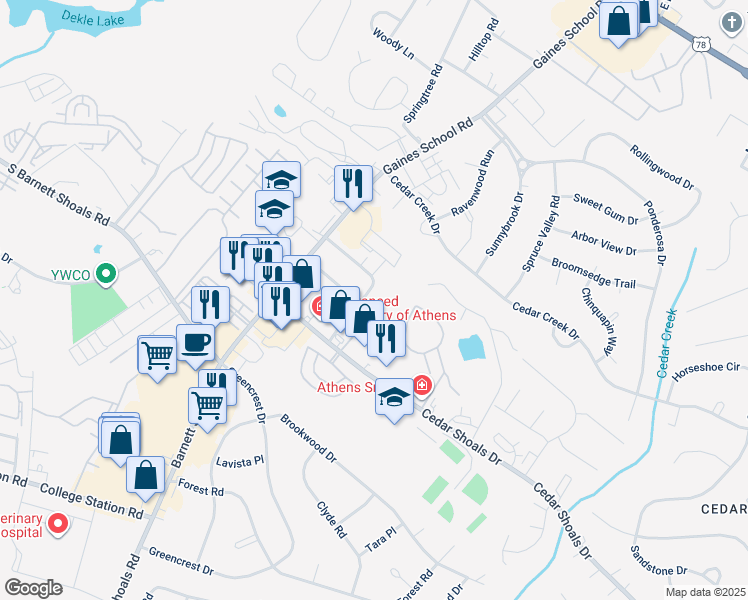 map of restaurants, bars, coffee shops, grocery stores, and more near 1197 Cedar Shoals Drive in Athens