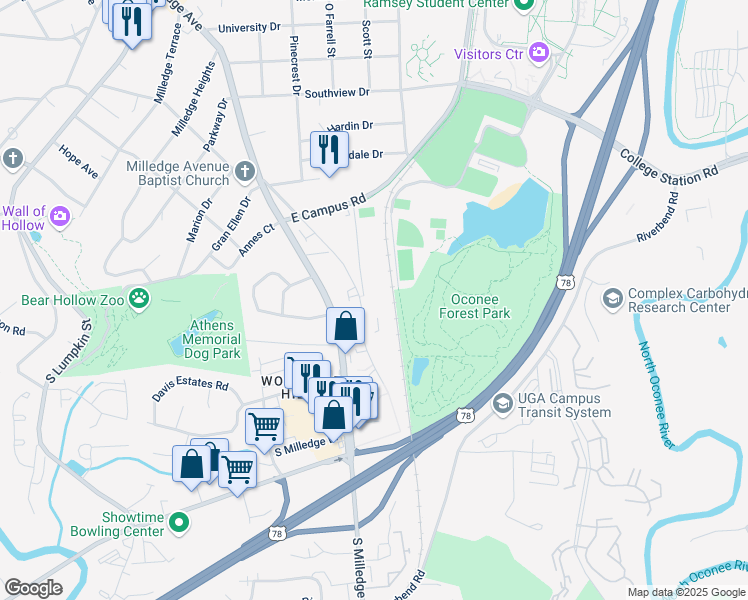map of restaurants, bars, coffee shops, grocery stores, and more near 210 Rogers Road in Athens