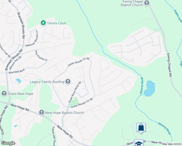 map of restaurants, bars, coffee shops, grocery stores, and more near 1518 Great Shoals Circle Southeast in Lawrenceville
