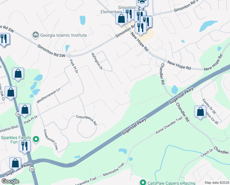 map of restaurants, bars, coffee shops, grocery stores, and more near 1500 Beechwood Circle in Lawrenceville
