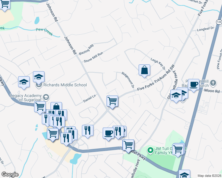 map of restaurants, bars, coffee shops, grocery stores, and more near 407 Highgate Place in Lawrenceville