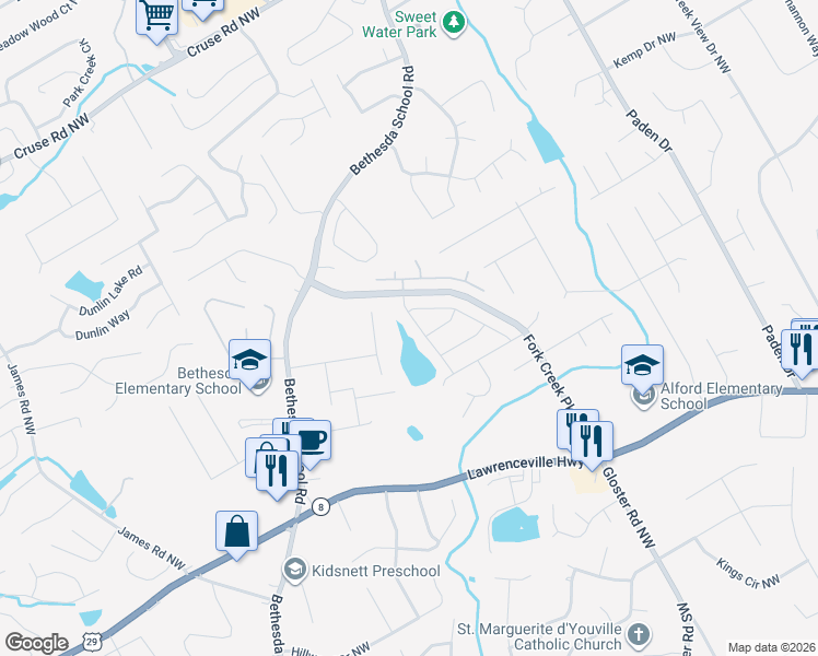 map of restaurants, bars, coffee shops, grocery stores, and more near 602 Autumn Shore Drive in Lawrenceville
