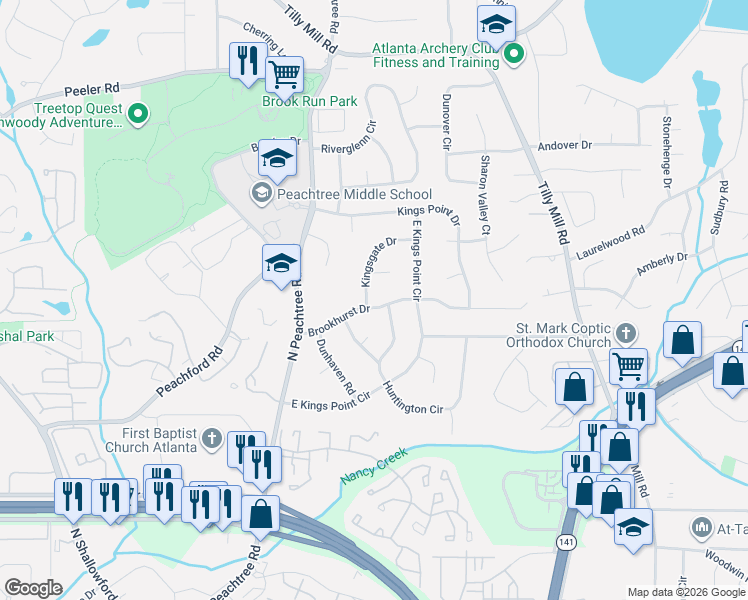 map of restaurants, bars, coffee shops, grocery stores, and more near 2331 Brookhurst Drive in Atlanta