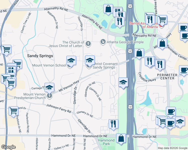map of restaurants, bars, coffee shops, grocery stores, and more near 6380 Cotswold Lane in Atlanta