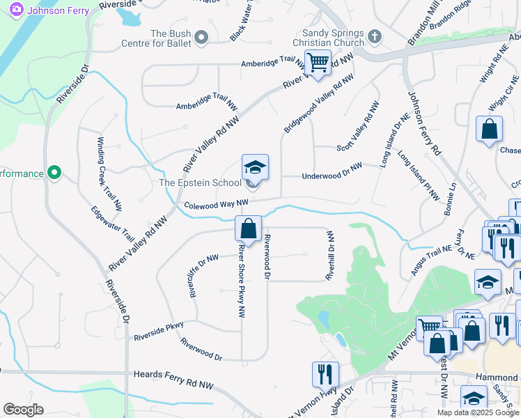 map of restaurants, bars, coffee shops, grocery stores, and more near 340 Colewood Way Northwest in Atlanta