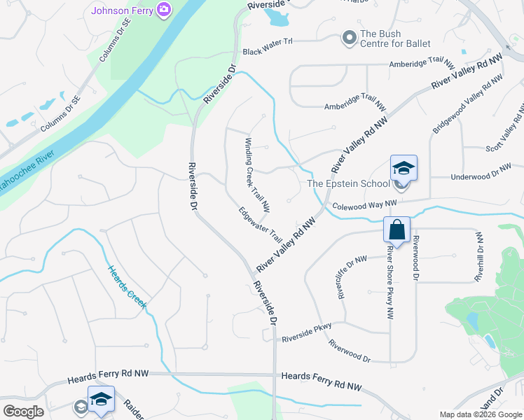 map of restaurants, bars, coffee shops, grocery stores, and more near 640 Edgewater Trail in Sandy Springs