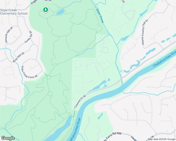 map of restaurants, bars, coffee shops, grocery stores, and more near 4120 Riverlook Parkway Southeast in Marietta