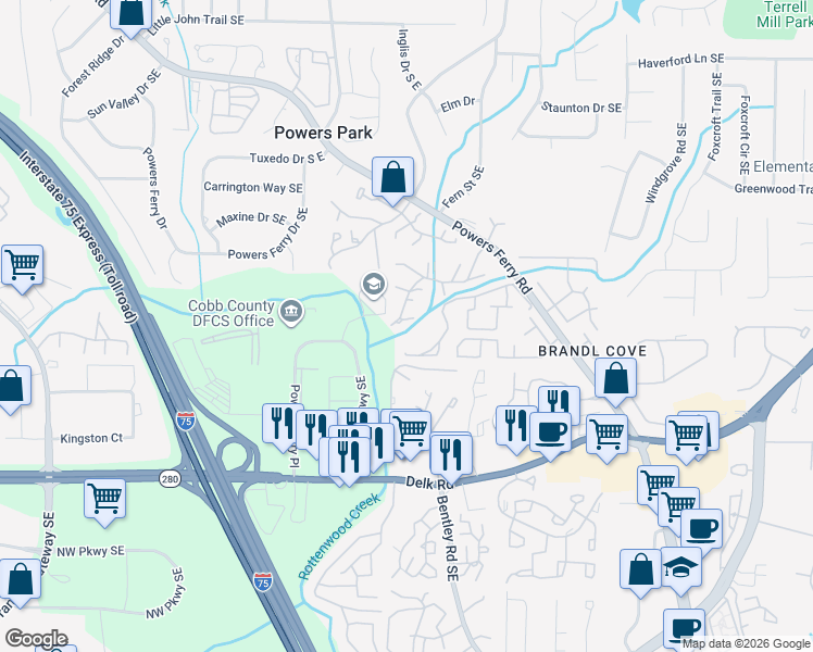 map of restaurants, bars, coffee shops, grocery stores, and more near 2480 Cedar Canyon Place in Marietta