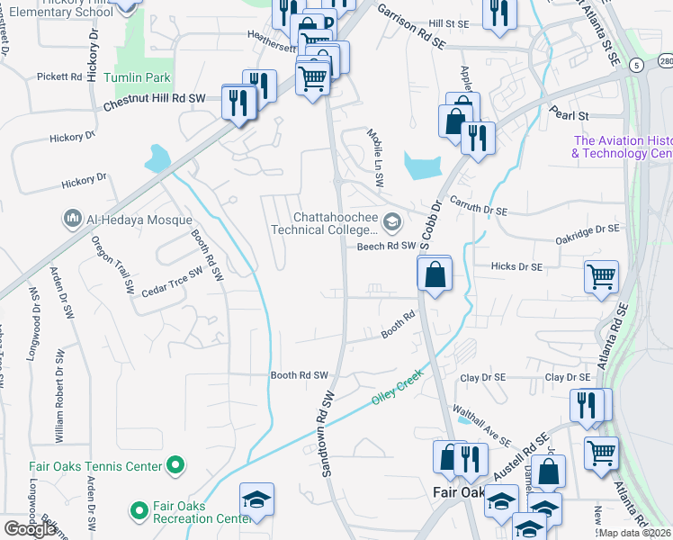 map of restaurants, bars, coffee shops, grocery stores, and more near 1040 Sandtown Road Southwest in Marietta