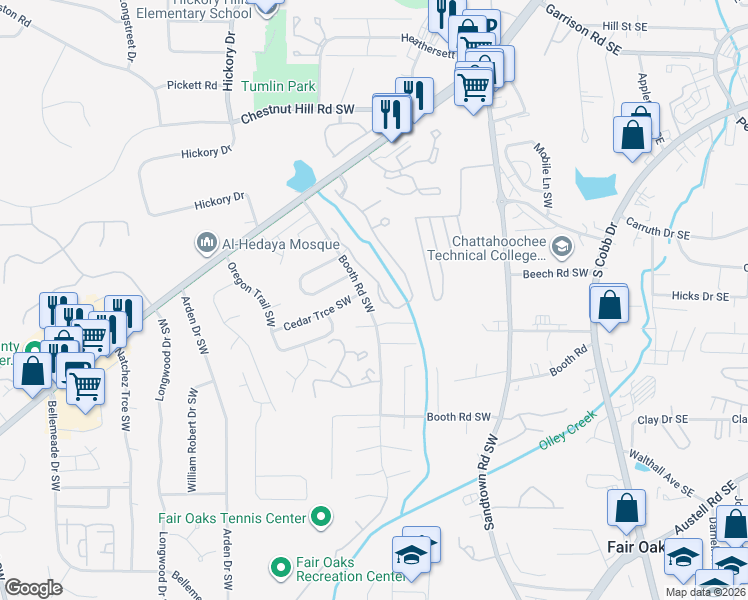 map of restaurants, bars, coffee shops, grocery stores, and more near 979 Brownstone Lane Southwest in Marietta