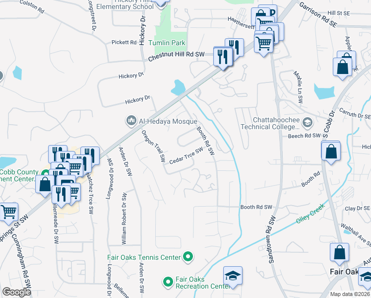 map of restaurants, bars, coffee shops, grocery stores, and more near 410 Booth Circle Southwest in Marietta