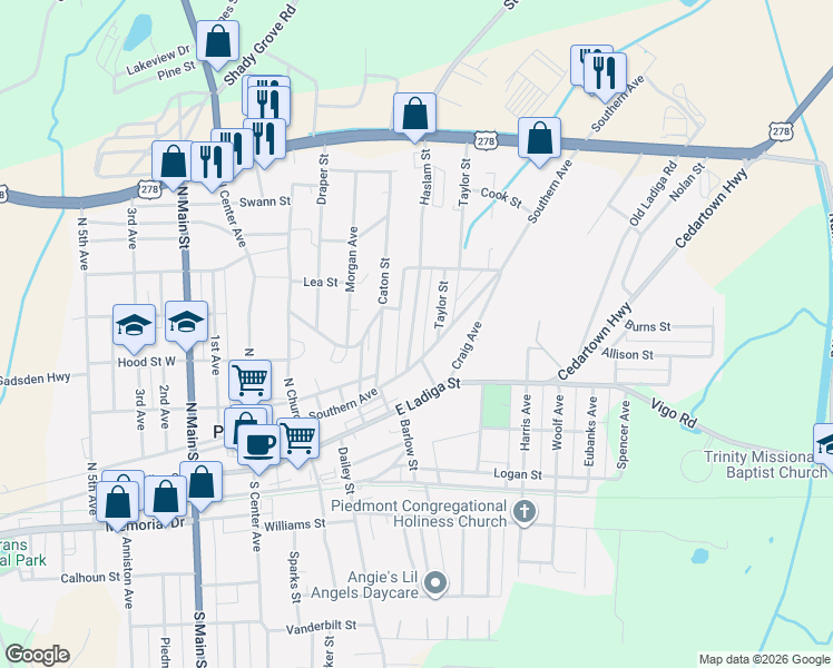 map of restaurants, bars, coffee shops, grocery stores, and more near 108 Haslam Street in Piedmont