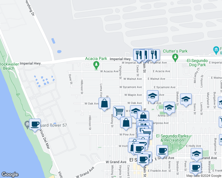 map of restaurants, bars, coffee shops, grocery stores, and more near 506 West Sycamore Avenue in El Segundo