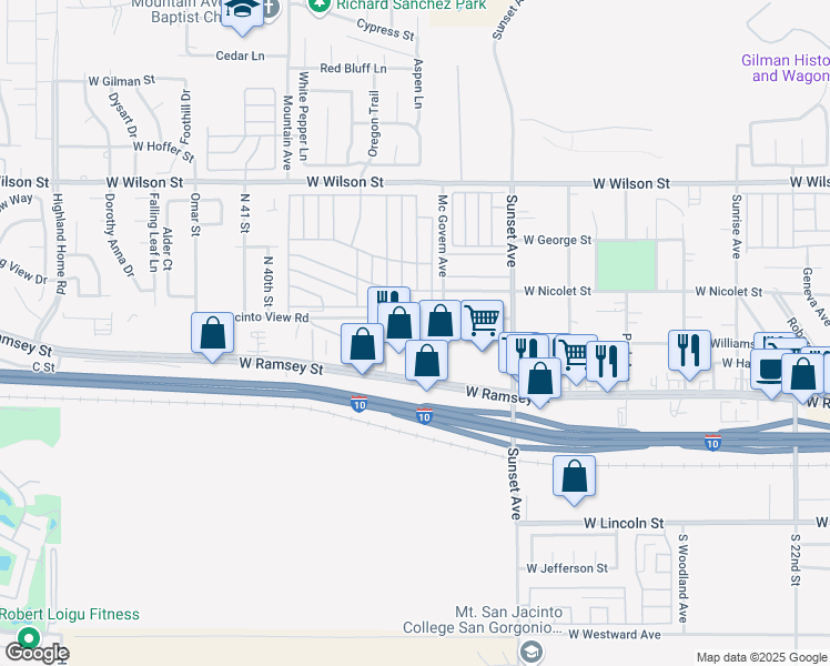 map of restaurants, bars, coffee shops, grocery stores, and more near 3800 West Jacinto View Road in Banning