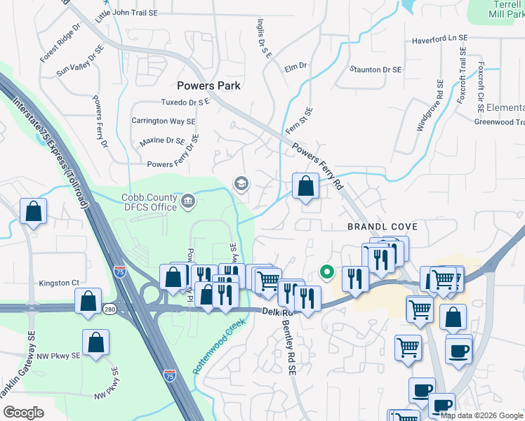 map of restaurants, bars, coffee shops, grocery stores, and more near 2480 Cedar Canyon Place in Marietta