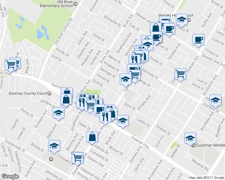 map of restaurants, bars, coffee shops, grocery stores, and more near 7939 Quill Drive in Downey