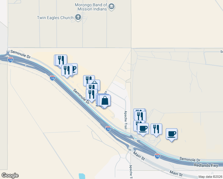 map of restaurants, bars, coffee shops, grocery stores, and more near 13366 Apache Trail in Cabazon