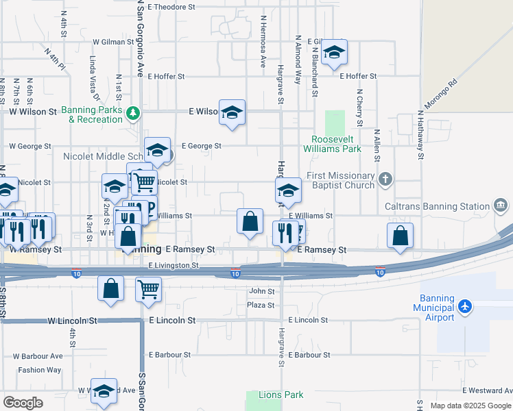 map of restaurants, bars, coffee shops, grocery stores, and more near 655 East Williams Street in Banning