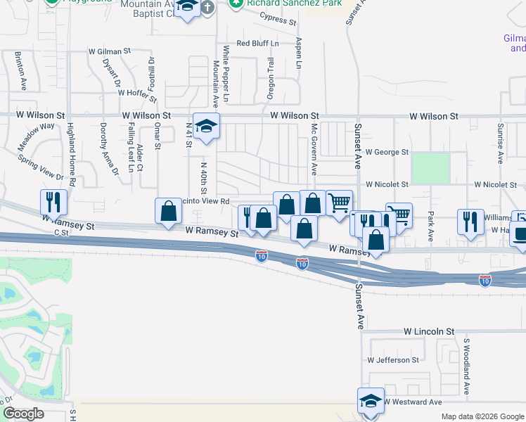 map of restaurants, bars, coffee shops, grocery stores, and more near 3739 West Ramsey Street in Banning