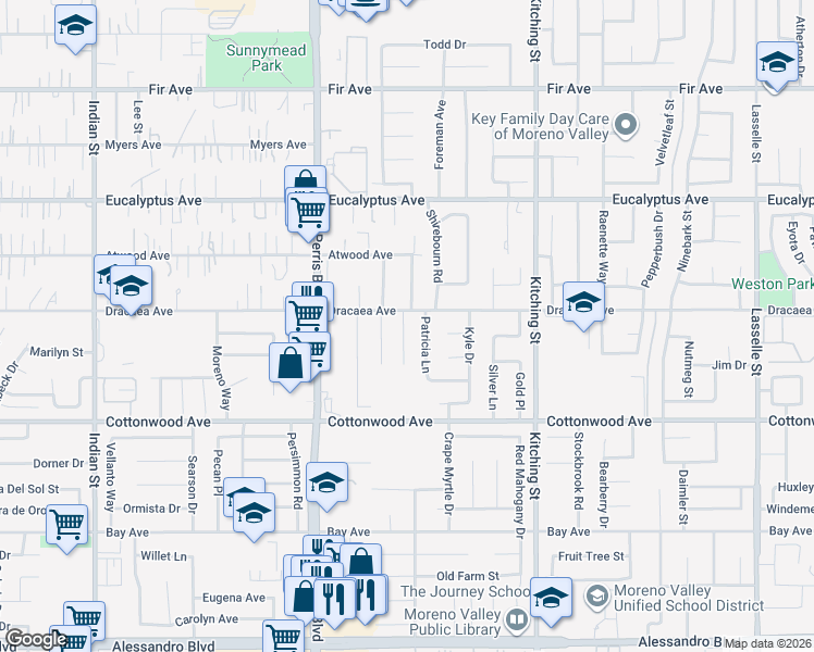 map of restaurants, bars, coffee shops, grocery stores, and more near 13337 Patricia Lane in Moreno Valley