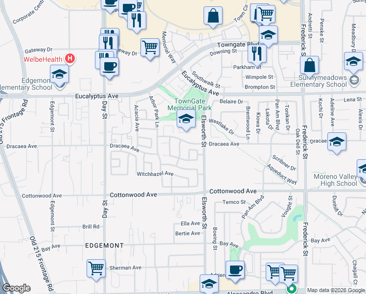 map of restaurants, bars, coffee shops, grocery stores, and more near 13341 Sassafras Street in Moreno Valley