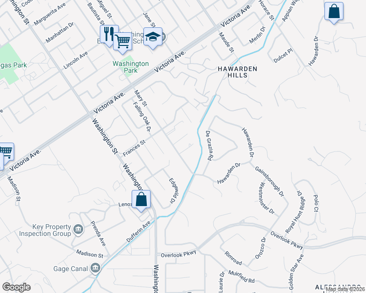 map of restaurants, bars, coffee shops, grocery stores, and more near 2380 Mary Street in Riverside