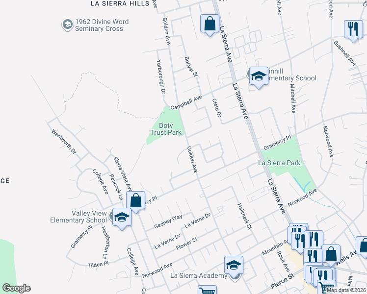 map of restaurants, bars, coffee shops, grocery stores, and more near 5364 Golden Avenue in Riverside
