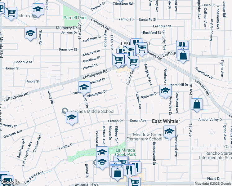 map of restaurants, bars, coffee shops, grocery stores, and more near 15604 Sharon Hill Drive in Whittier