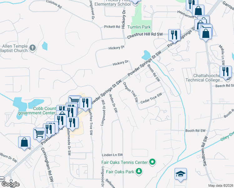 map of restaurants, bars, coffee shops, grocery stores, and more near 1057 Arden Drive Southwest in Marietta