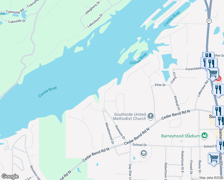 map of restaurants, bars, coffee shops, grocery stores, and more near 2085 Jane Lane in Gadsden