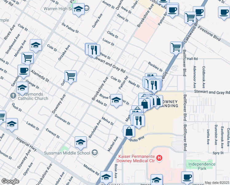 map of restaurants, bars, coffee shops, grocery stores, and more near 8605 Boyne Street in Downey