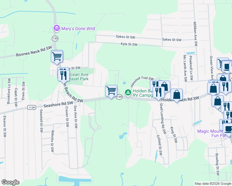 map of restaurants, bars, coffee shops, grocery stores, and more near 2821 Holden Beach Road Southwest in Supply