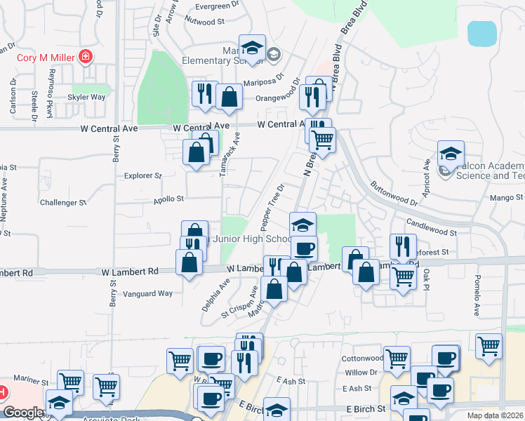 map of restaurants, bars, coffee shops, grocery stores, and more near 511 Pepper Tree Drive in Brea